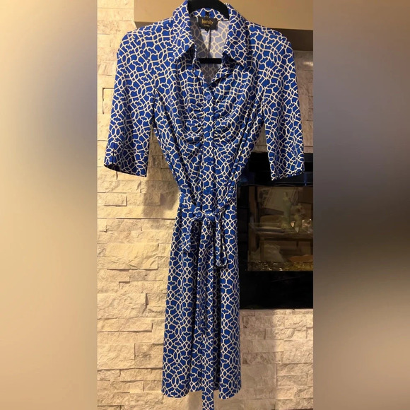 Laundry size 6 Blue Beige geometric pattern button down dress - Picture 1 of 9